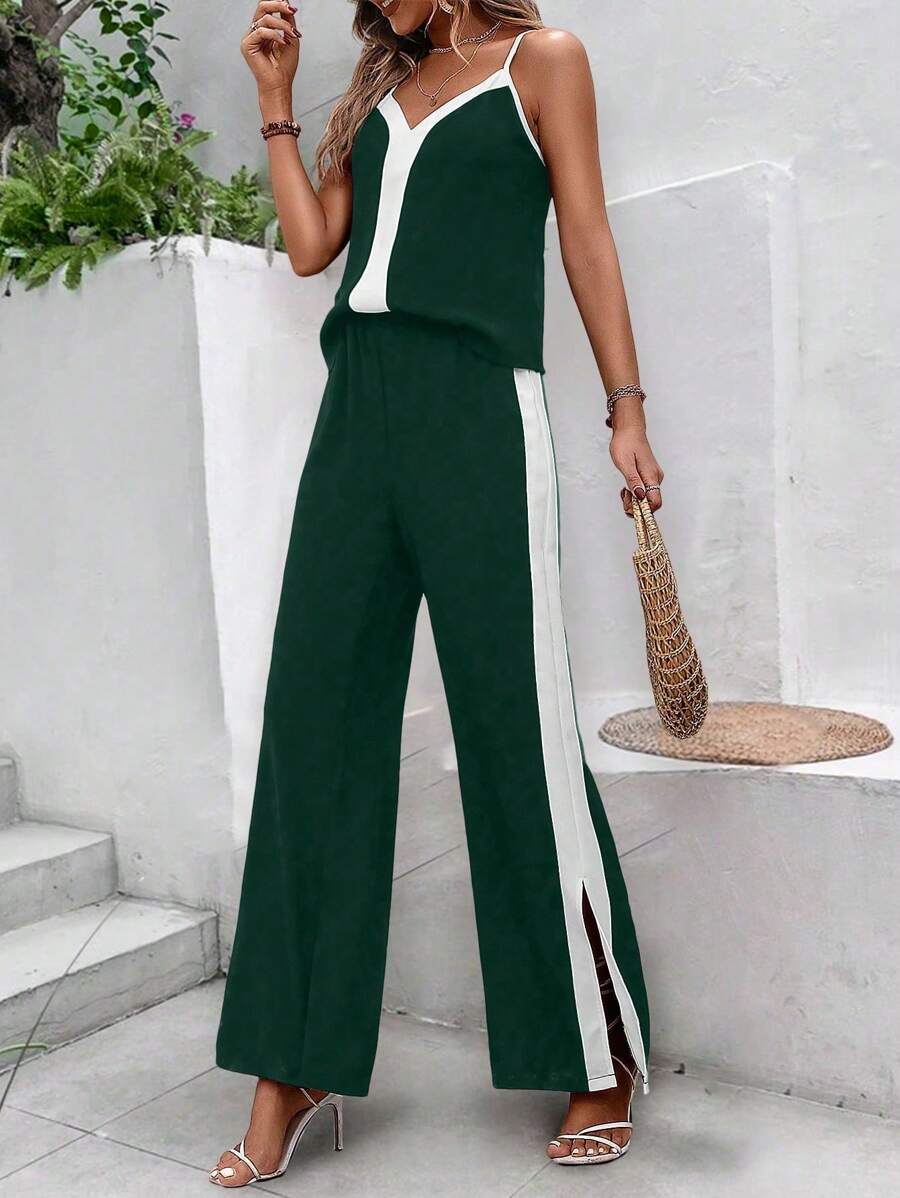 SHEIN VCAY Contrast Side Seam Cami Top & Split Hem Wide Leg Pants - Dark Green - View 1