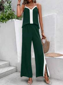 SHEIN VCAY Contrast Side Seam Cami Top & Split Hem Wide Leg Pants - Dark Green - View 4