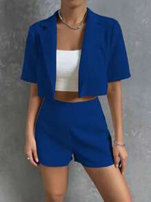 Chiquease 西裝領開門襟西裝外套&短褲 - 寶藍色 - 查看 4