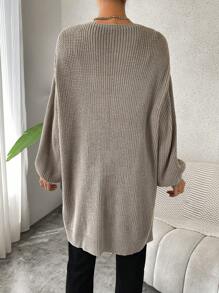 Chiquease Drop Shoulder Open Front Ribbed Knit Duster Cardigan,Long Sleeve Tops Fall Winter Cloth For Women - Khaki - View 2