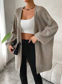 Chiquease Drop Shoulder Open Front Ribbed Knit Duster Cardigan,Long Sleeve Tops Fall Winter Cloth For Women - Khaki - View 5