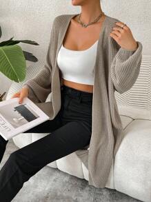 Chiquease Drop Shoulder Open Front Ribbed Knit Duster Cardigan,Long Sleeve Tops Fall Winter Cloth For Women - Khaki - View 6