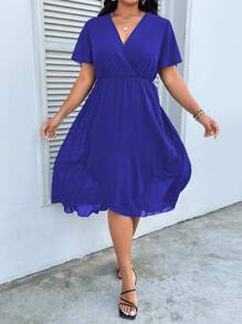 SHEIN Clasi Hơn Chất rắn Váy Wrap Hem - Xanh đậm - Xem 4