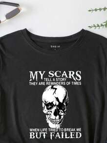 SHEIN EZwear Skull & Slogan Graphic Tee Những vết sẹo của tôi kể một câu chuyện Chúng là lời nhắc nhở về những lúc cuộc sống cố gắng phá vỡ tôi nhưng thất bại - màu đen - Xem 3