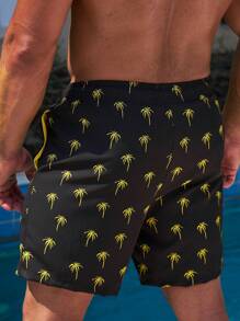 Manfinity Swimmode Men Beach Vacation Coconut Tree Print Drawstring Waist Swim Trunks - Black - View 2
