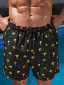 Manfinity Swimmode Men Beach Vacation Coconut Tree Print Drawstring Waist Swim Trunks - Black - View 3