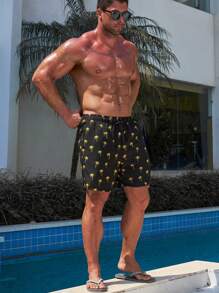 Manfinity Swimmode Men Beach Vacation Coconut Tree Print Drawstring Waist Swim Trunks - Black - View 4