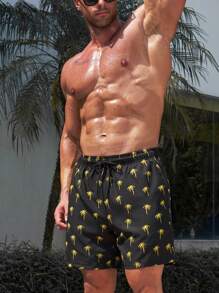 Manfinity Swimmode Men Beach Vacation Coconut Tree Print Drawstring Waist Swim Trunks - Black - View 6
