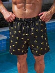 Manfinity Swimmode Men Beach Vacation Coconut Tree Print Drawstring Waist Swim Trunks - Black - View 7