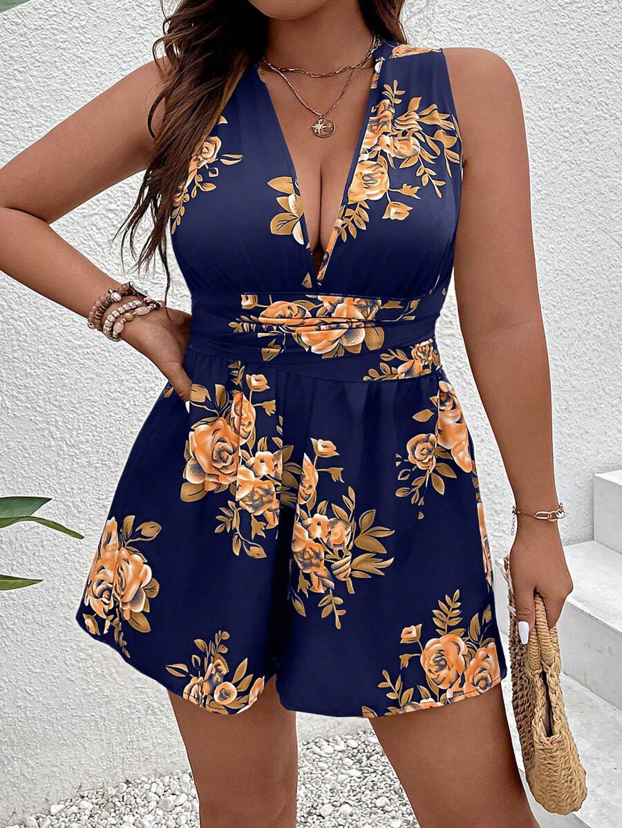 Breezaya Plus Floral Print Plunging Neck Crisscross Tie Backless Romper - Navy Blue - View 1
