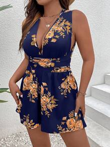 Breezaya Plus Floral Print Plunging Neck Crisscross Tie Backless Romper - Navy Blue - View 3