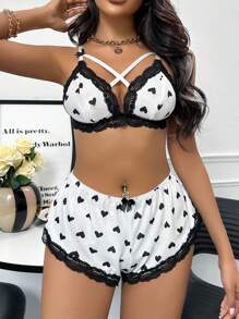 心形印花蕾絲邊文胸和內褲情趣套裝 - 黑與白 - 查看 4