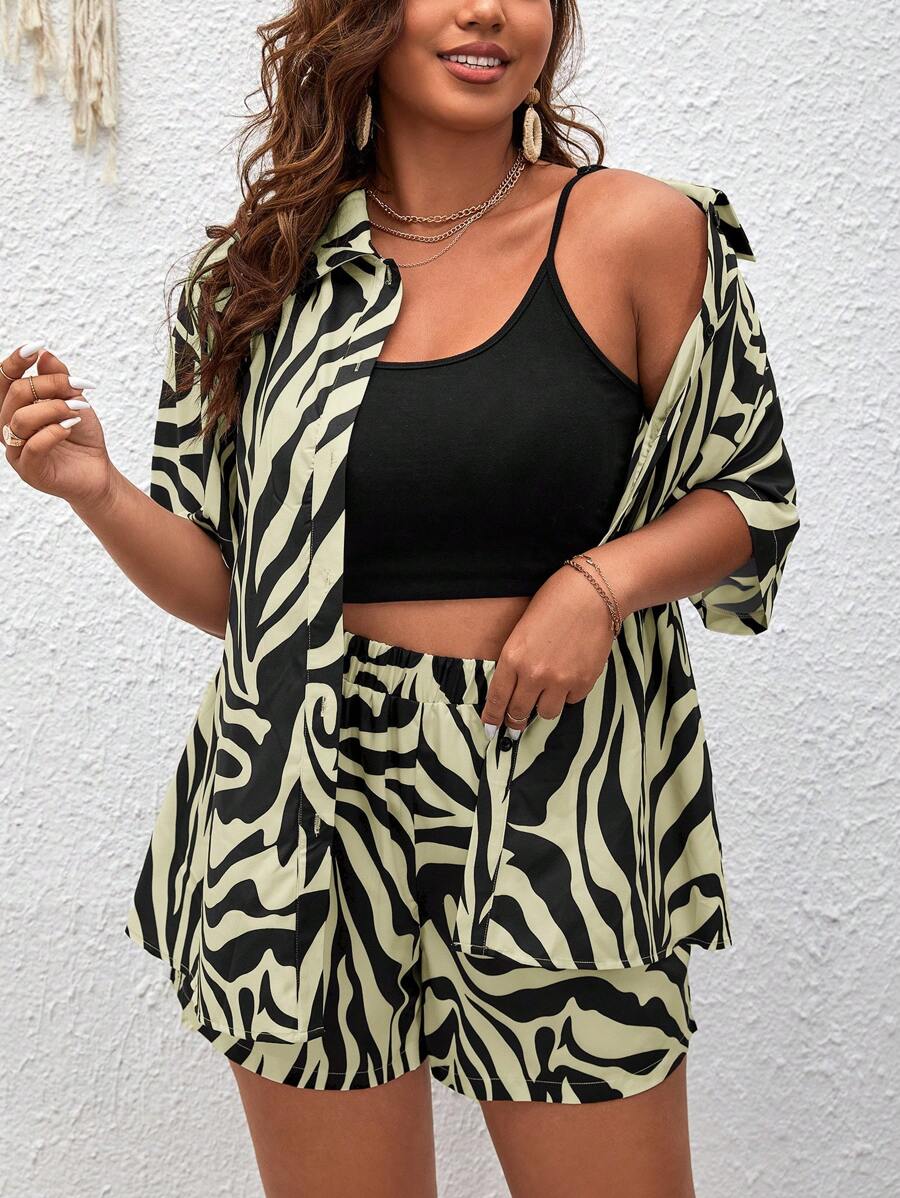 SHEIN Essnce 大碼斑馬條紋襯衫&短褲 - 杏色 - 查看 1