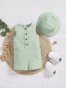 SHEIN 嬰兒前紐扣雙口袋連身短褲附帽子 - 薄荷綠 - 查看 1