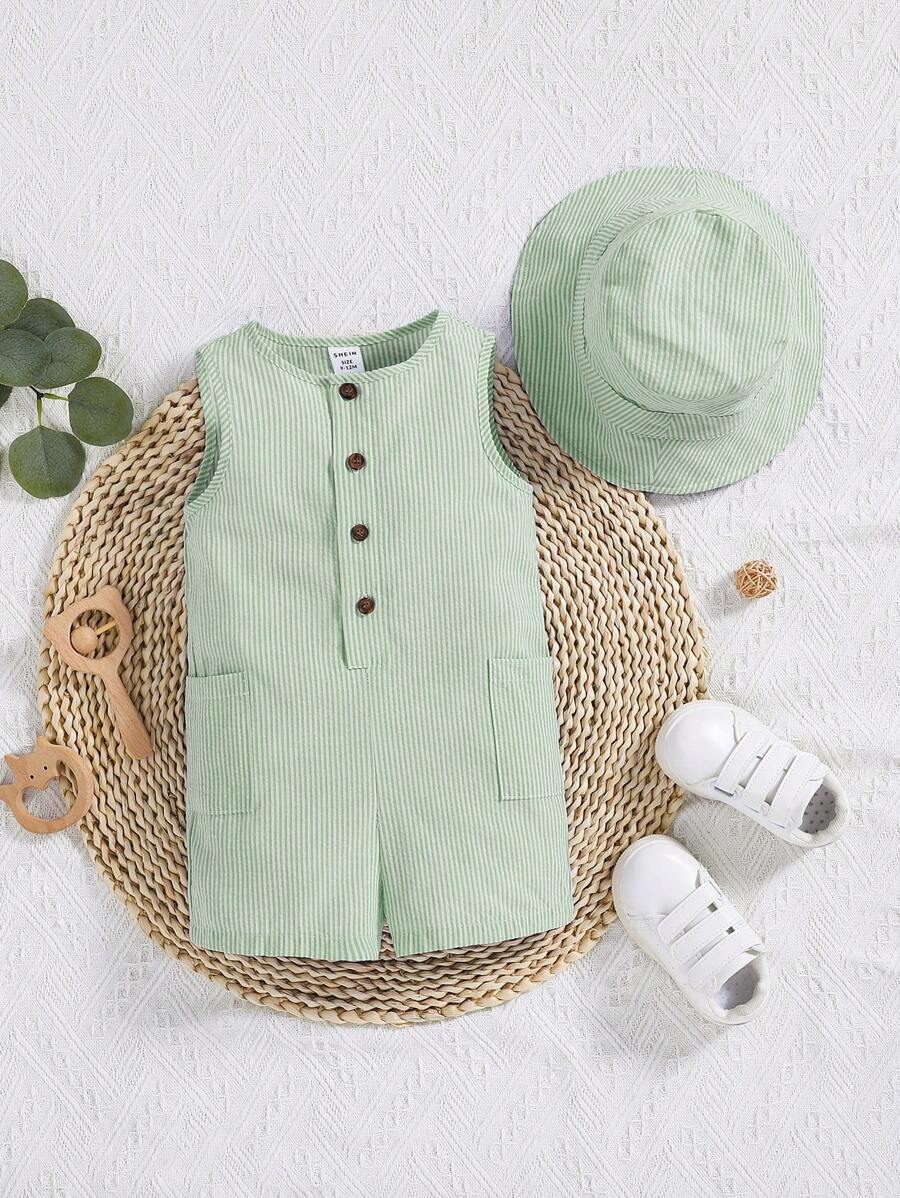 SHEIN 嬰兒前紐扣雙口袋連身短褲附帽子 - 薄荷綠 - 查看 1