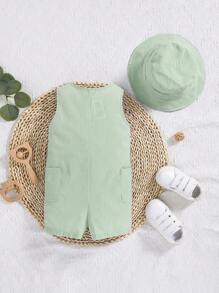 SHEIN 嬰兒前紐扣雙口袋連身短褲附帽子 - 薄荷綠 - 查看 2