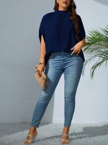 SHEIN Privé Plus Solid Batwing Sleeve Mock Neck Blouse