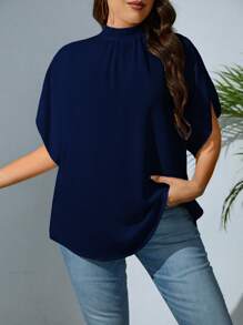 SHEIN Privé Plus Solid Batwing Sleeve Mock Neck Blouse