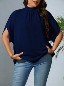 SHEIN Privé Plus Solid Batwing Sleeve Mock Neck Blouse