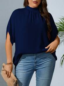 SHEIN Privé Plus Solid Batwing Sleeve Mock Neck Blouse