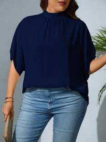 SHEIN Privé Plus Solid Batwing Sleeve Mock Neck Blouse