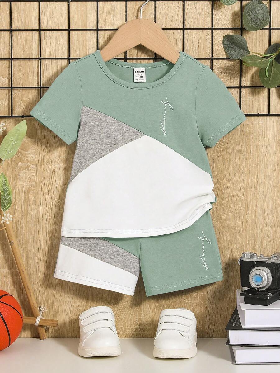 SHEIN Leap Crew Baby Letter Graphic Colourblock Tee & Shorts - Mint Green - View 1