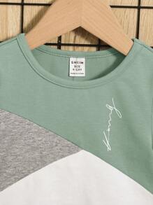 SHEIN Leap Crew Baby Letter Graphic Colourblock Tee & Shorts - Mint Green - View 5