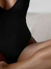 Swim Basics Summer Beach Solid One Piece Swimsuit - Black - View 4