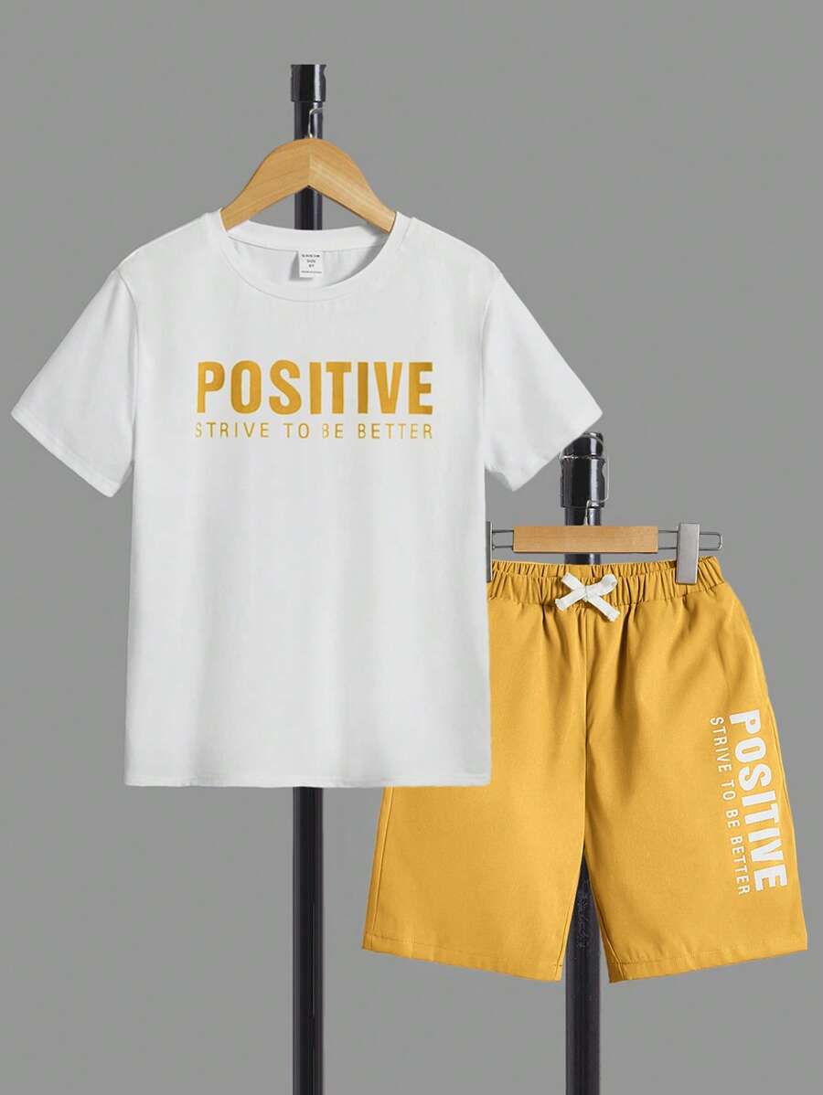 SHEIN Bộ hai mảnh Trai Túi Dây kéo Lá thư Giải trí - Màu vàng - Xem 1