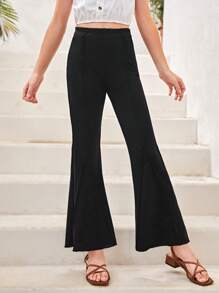 SHEIN 女孩素色喇叭褲 - 黑色 - 查看 1