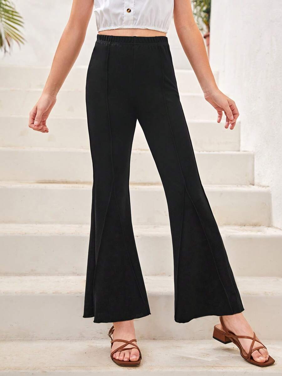 SHEIN 女孩素色喇叭褲 - 黑色 - 查看 1