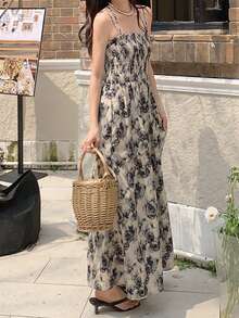 休闲花卉印花无袖收腰吊带裙