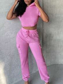 SHEIN SXY Quần thể thao nữ Dây kéo Túi màu trơn - Hồng - Xem 4