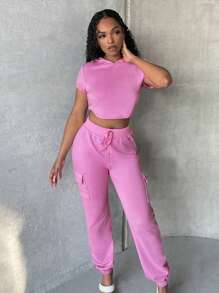 SHEIN SXY Quần thể thao nữ Dây kéo Túi màu trơn - Hồng - Xem 1