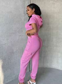SHEIN SXY Quần thể thao nữ Dây kéo Túi màu trơn - Hồng - Xem 5