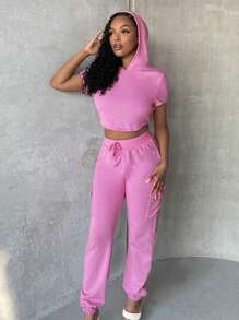 SHEIN SXY Quần thể thao nữ Dây kéo Túi màu trơn - Hồng - Xem 3