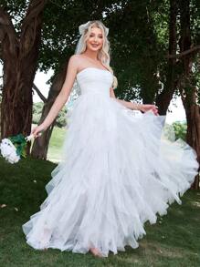 Romantic Strapless Wedding Dress Bridal Gown With Layered Ruffled Tulle Skirt & A-Line Silhouette - Perfect For Classic Weddings, Graduation Dress, Evening Gala Receptions, Birthday Women Outfits,Bride