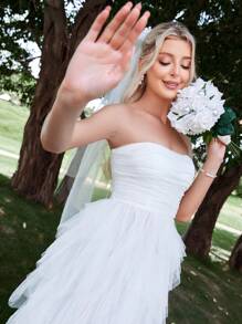 Romantic Strapless Wedding Dress Bridal Gown With Layered Ruffled Tulle Skirt & A-Line Silhouette - Perfect For Classic Weddings, Graduation Dress, Evening Gala Receptions, Birthday Women Outfits,Bride