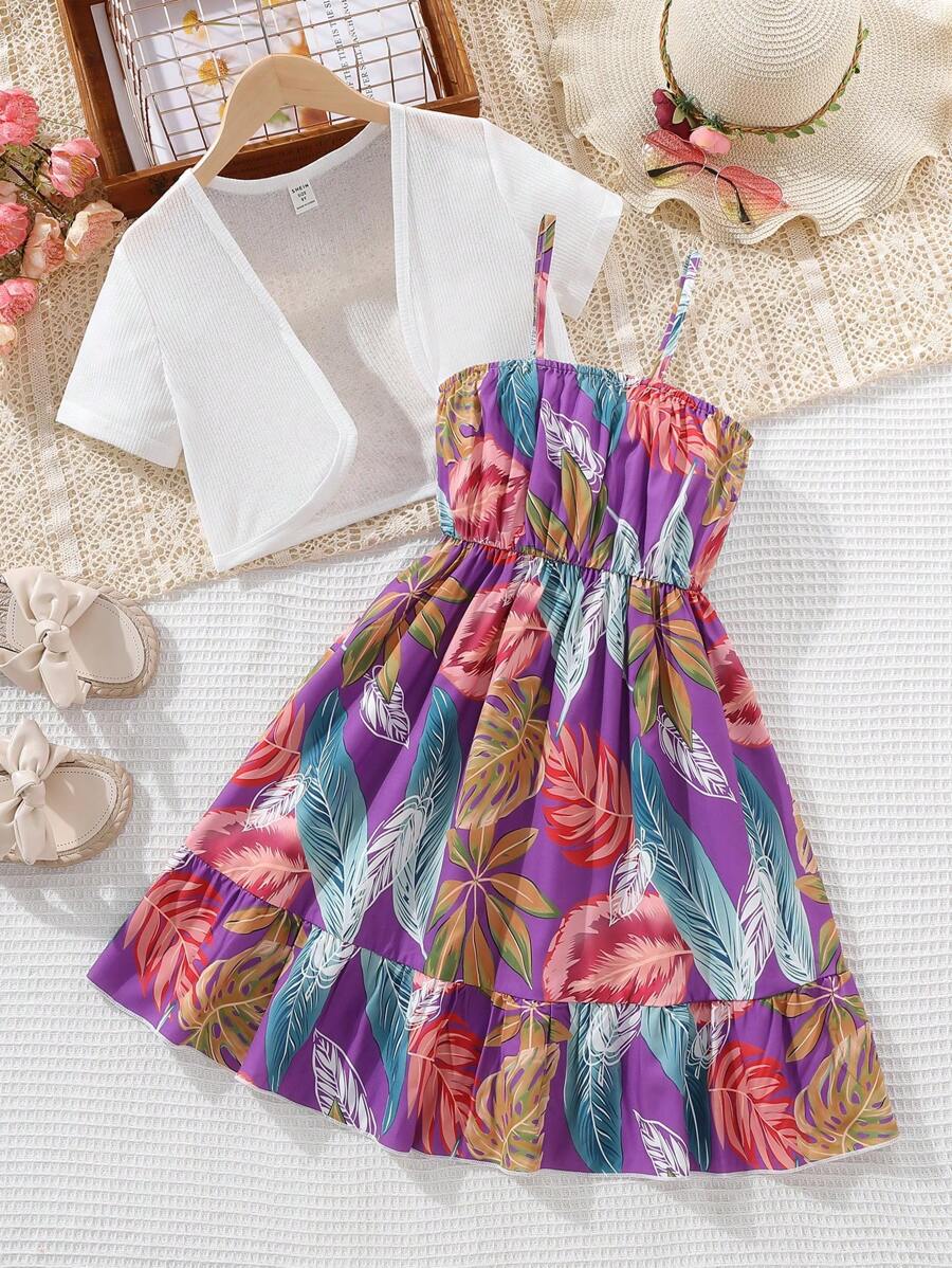 Tween Girl Tropical Print Ruffle Hem Cami Dress & Solid Crop Top - Multicolor - View 1