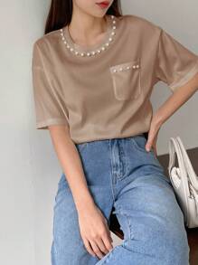 DAZY 珍珠串珠落肩T恤 - 卡其色 - 查看 5