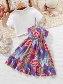 Tween Girl Tropical Print Ruffle Hem Cami Dress & Solid Crop Top - Multicolor - View 2