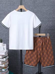 SHEIN Tween Boy Letter Graphic Contrast Trim Tee & Shorts - Multicolor - View 2