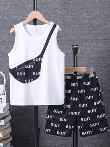 SHEIN Bộ dành cho nam tuổi teen Đồ họa Lá thư Giải trí - Đen và trắng - Xem 1