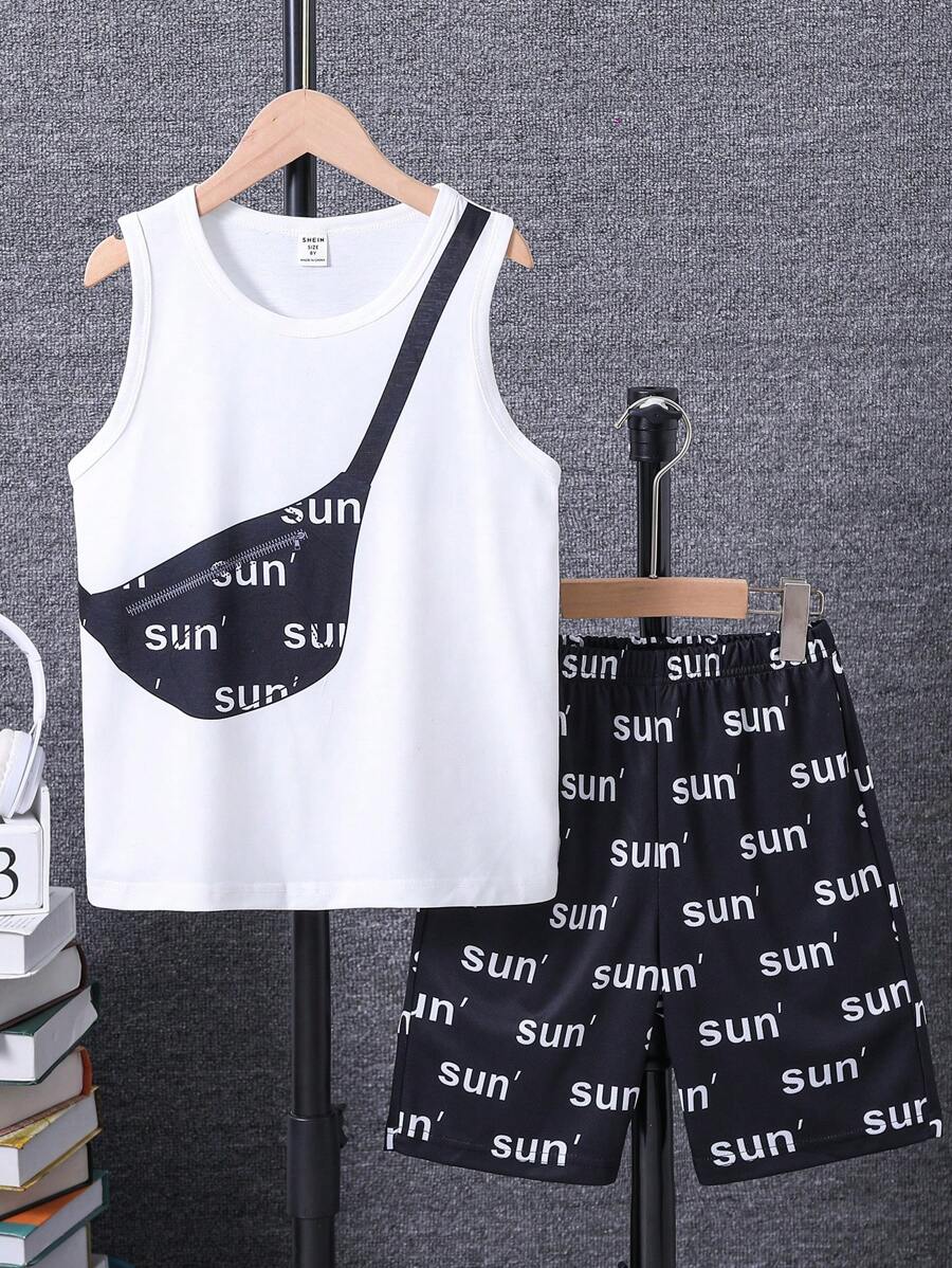 SHEIN Bộ dành cho nam tuổi teen Đồ họa Lá thư Giải trí - Đen và trắng - Xem 1