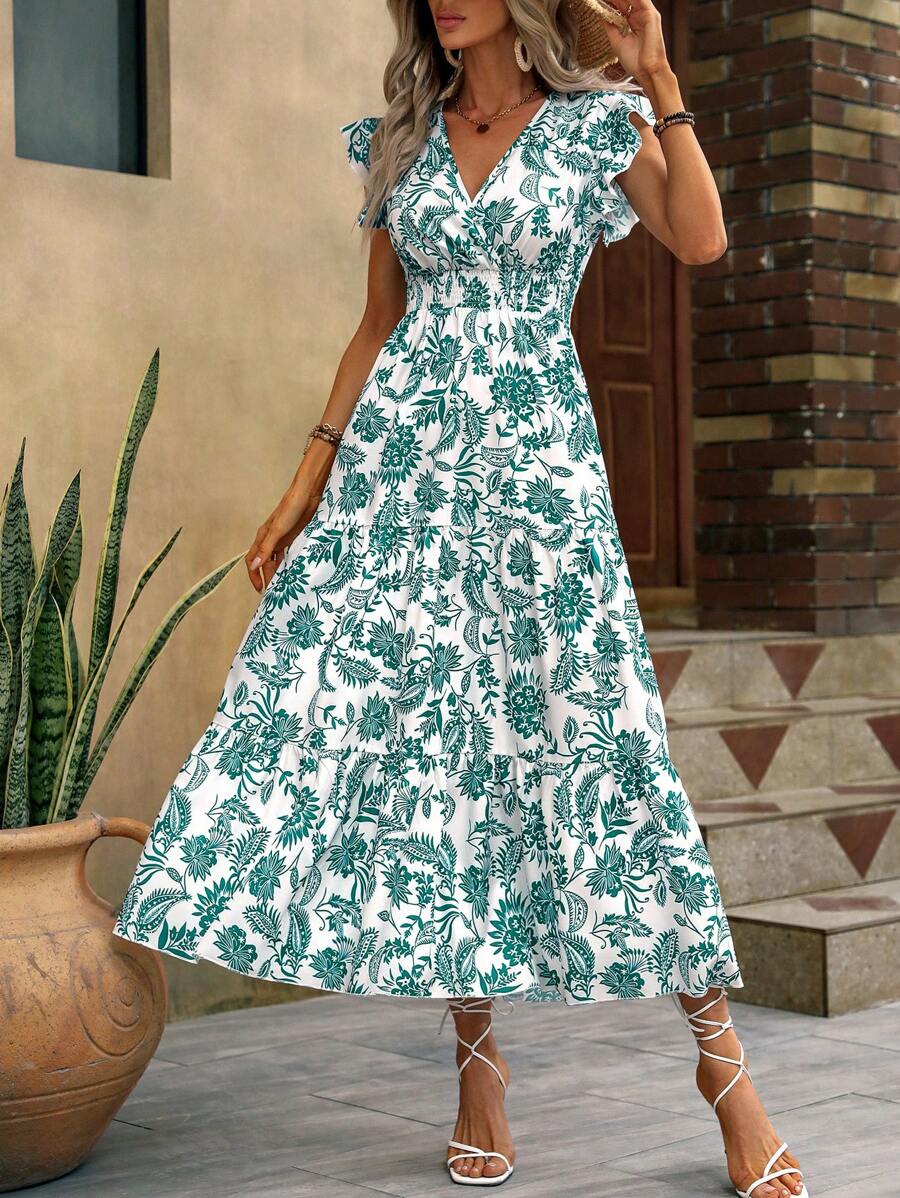 SHEIN LUNE Vestido Longo com Estampa Floral, Manga Borboleta, Babado na Barra para Mulheres - Verde - Visão 1
