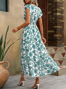 SHEIN LUNE Vestido Longo com Estampa Floral, Manga Borboleta, Babado na Barra para Mulheres - Verde - Visão 2