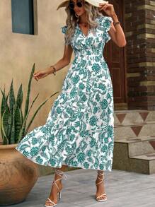 SHEIN LUNE Vestido Longo com Estampa Floral, Manga Borboleta, Babado na Barra para Mulheres - Verde - Visão 6