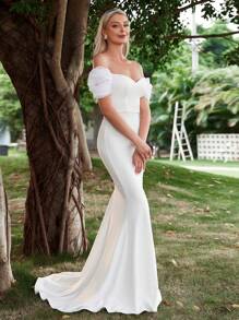 Faeriesty Off Shoulder Mermaid Hem Wedding Dress White Elegant Bridal Dress,Bride