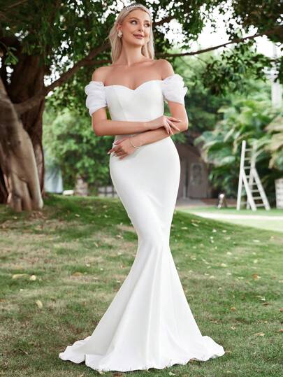 Faeriesty Off Shoulder Sjöjungfru Bröllopsklänning Vit Elegant Brudklänning, Brud