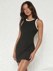SHEIN BASICS 撞色滾邊緊身連衣裙 - 黑色 - 查看 7
